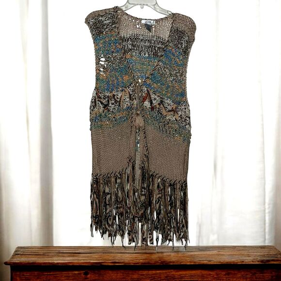 LaSeine XL Lagenlook Open Weave Crochet Long Mixed Media Cardigan Sweater Vest - Picture 1 of 7